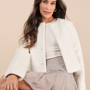 Lulus Perfectly Toasty White Fuzzy Cropped Jacket - Size L